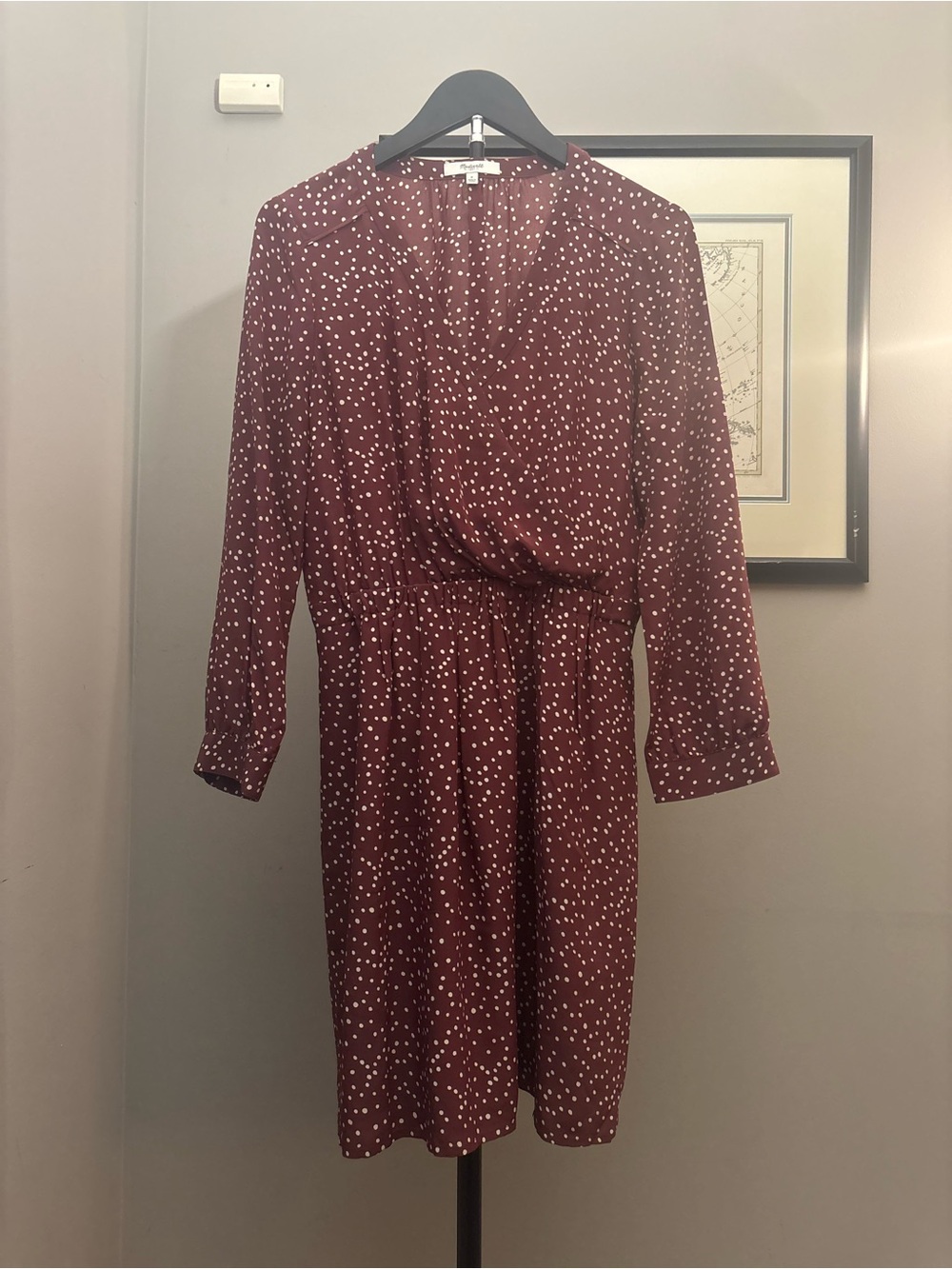 Madewell Silk Burgundy Polka Dot Long-Sleeve Faux Wrap-Style Dress